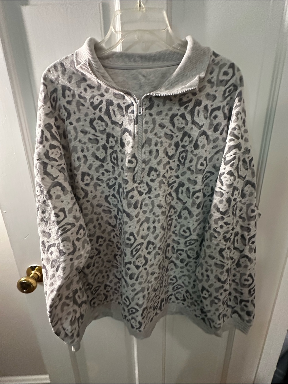 Aerie Grey Leopard Print Quarter-Zip Pullover Sweater